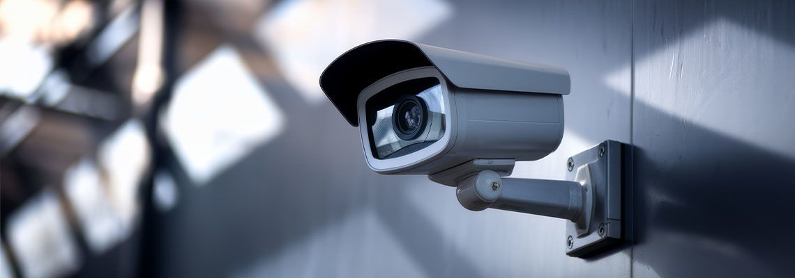 Surveillance camera on wall