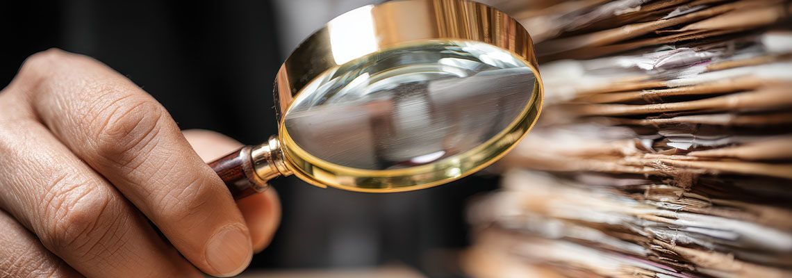 Person inspects documents with golden magnifying glass