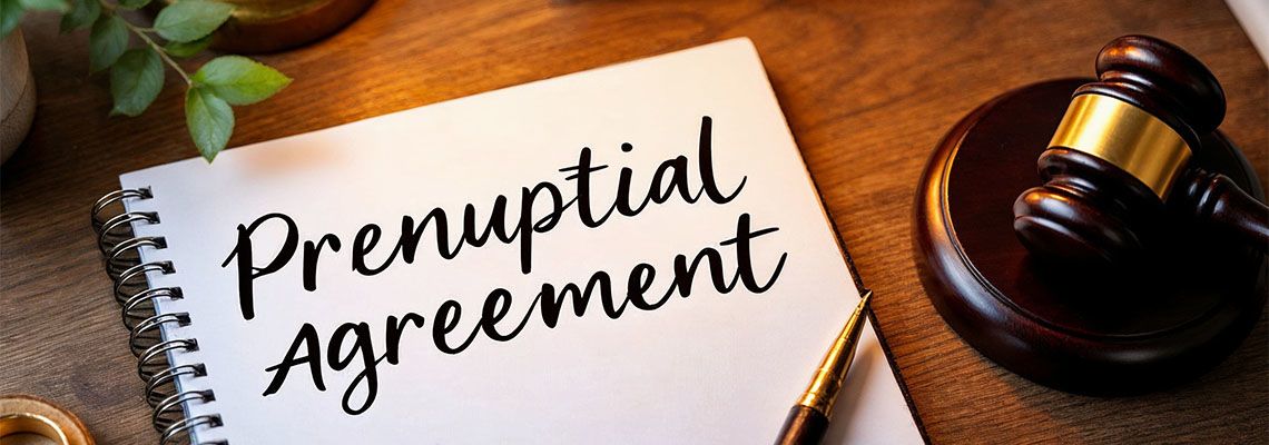 Prenuptial Agreement Document on Rustic Wooden Desk with Gavel