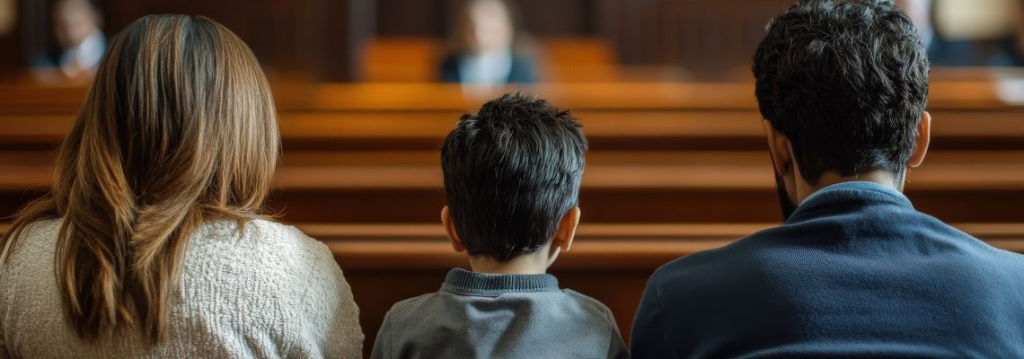 Divorced parents with child in courtroom