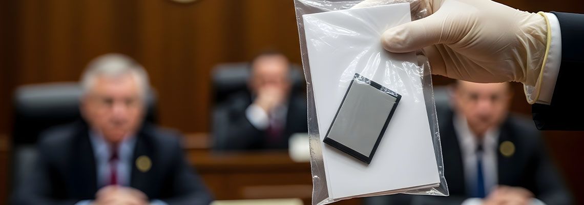 Gloved Hand Presents Evidence Memory Card in Hearing