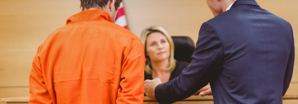 Criminal and attorney appeal with judge in courtroom