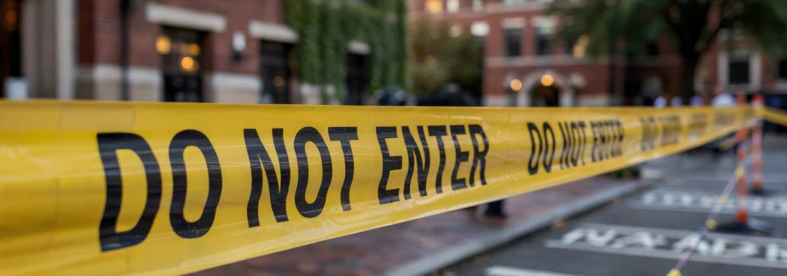 'Do Not Enter' caution tape blocking the entrance to a university campus