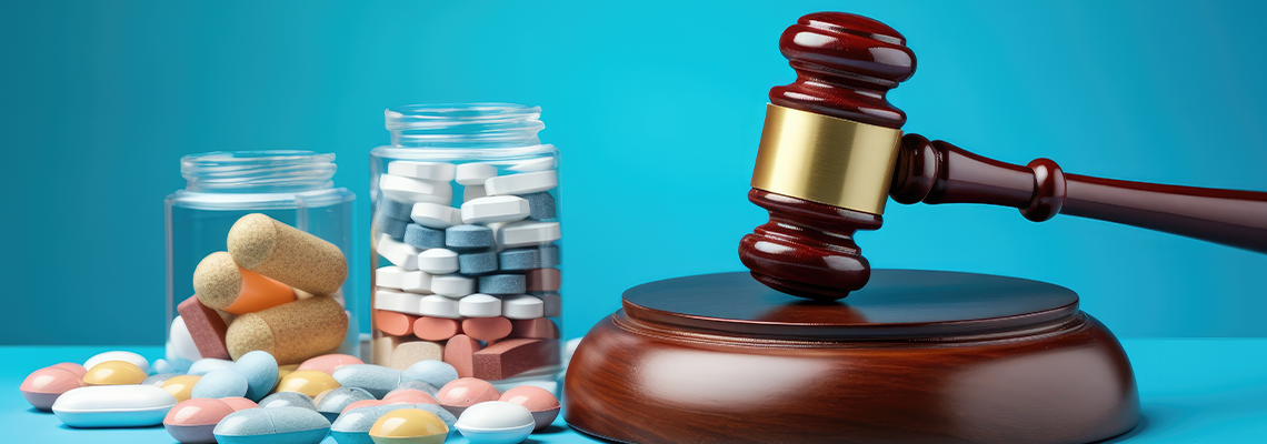 Gavel with drug pills on a table