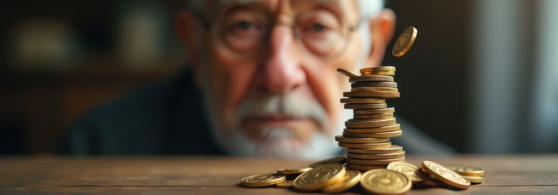 Worried Elderly Man Looks at Unstable Coin Stack