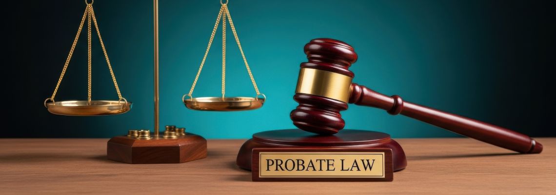 Probate Law words on wooden block with gavel and scale of justice