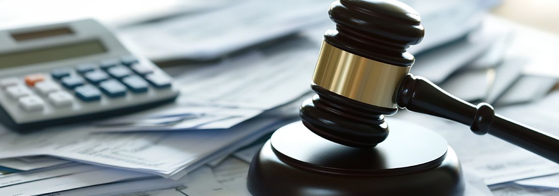 Gavel positioned on documents and calculator