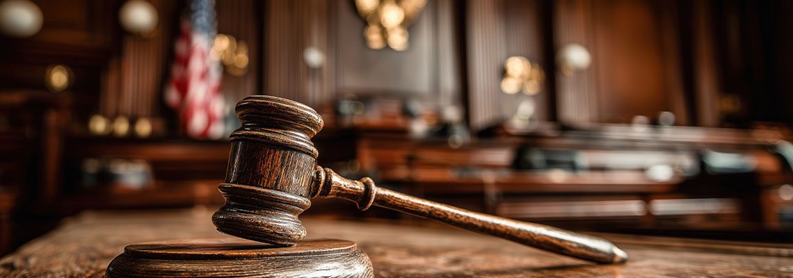 Gavel rests on courtroom with American flag