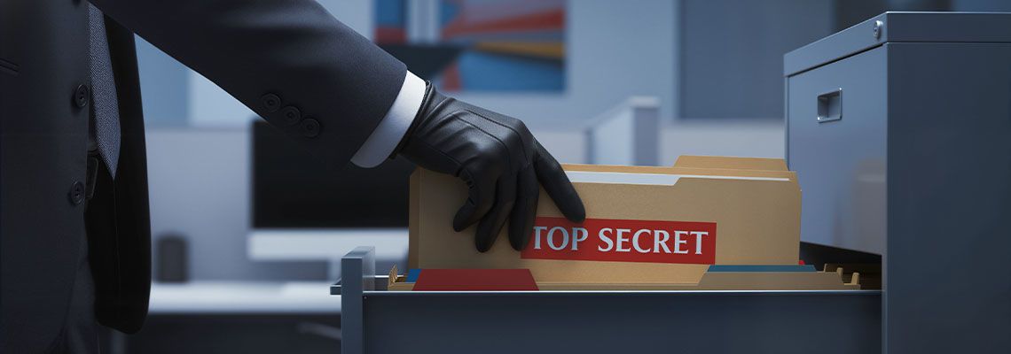 Man stealing Top Secret files from cabinet
