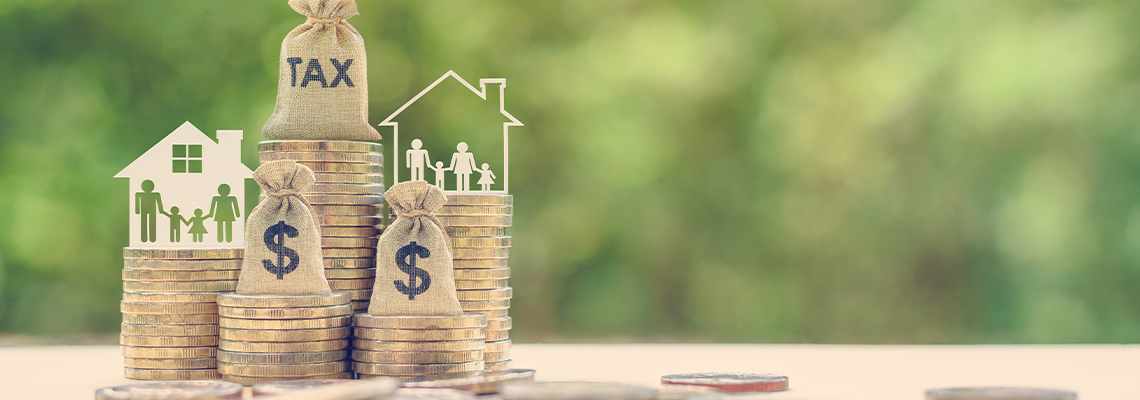 Tax burlap bag, family members, house on rows of coin money
