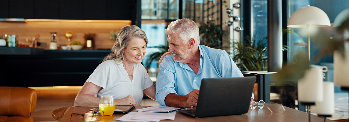 Documents, retirement and laptop with old couple at home for social security benefits