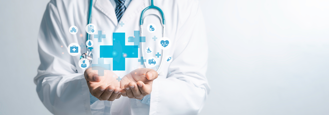 Male medicine doctor hold healthcare medical icons for the Health insurance concept