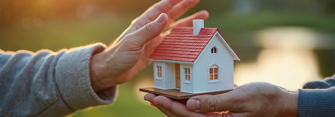 Elderly hand offers small house model to younger hand