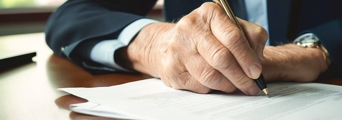 Old hands signing last will document