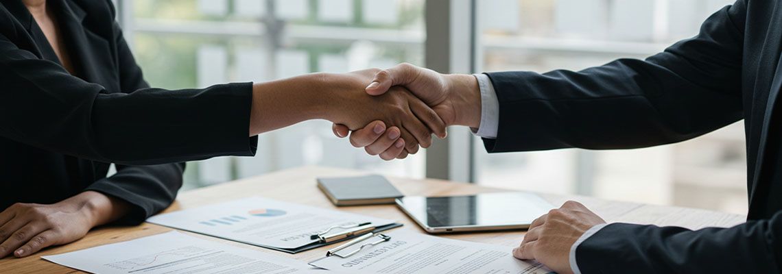 Businessman and women shaking hands after agreement