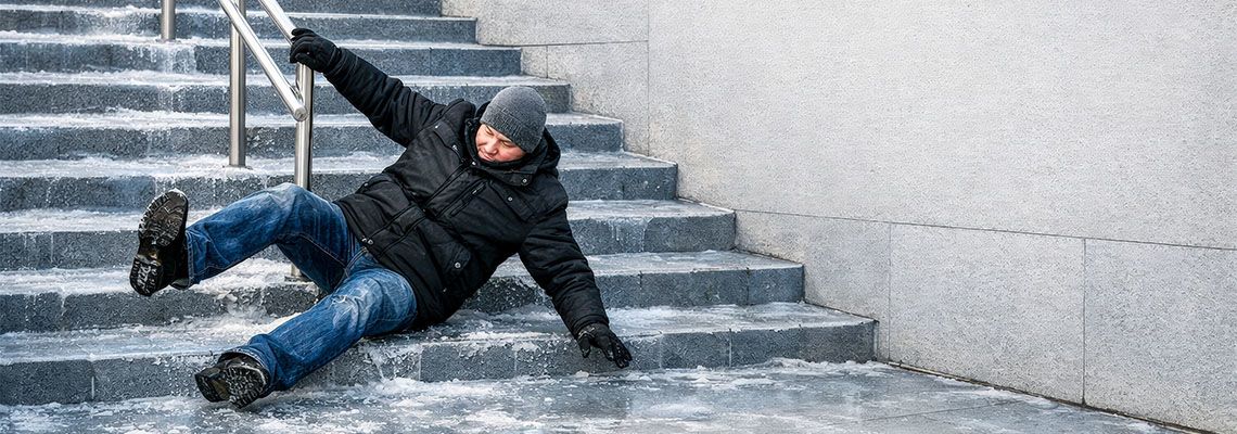 Man slips and falls on icy staircase outdoors