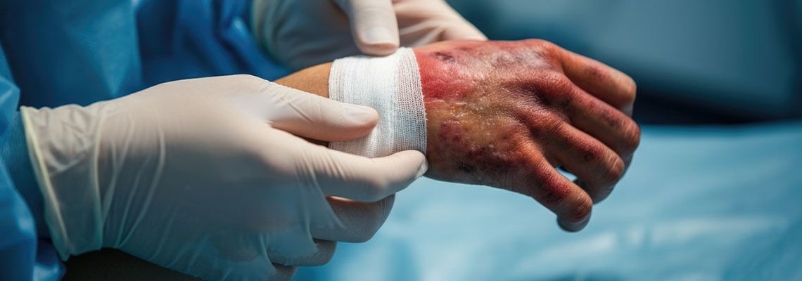 Medical professional bandaging a severely burned hand