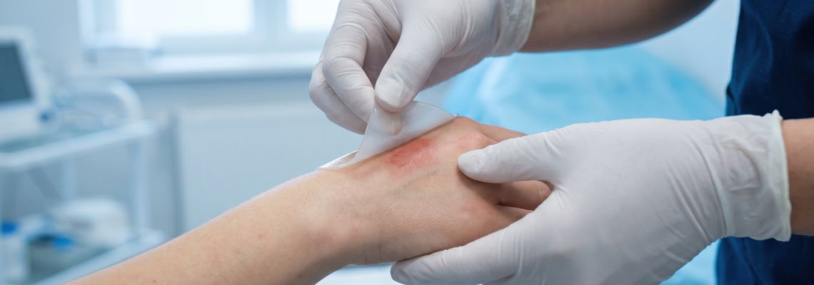 Doctor treating hand burn with hydrogel dressing