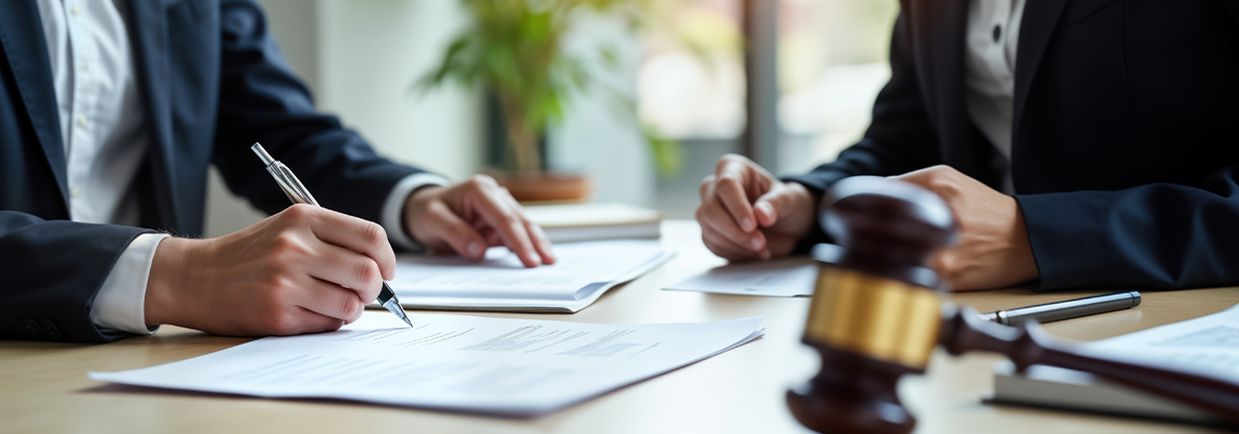 Business people sign legal documents at office desk