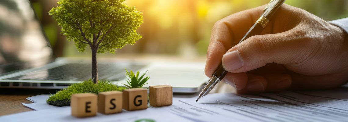 Hand signs document beside a small tree and wooden blocks spelling ESG