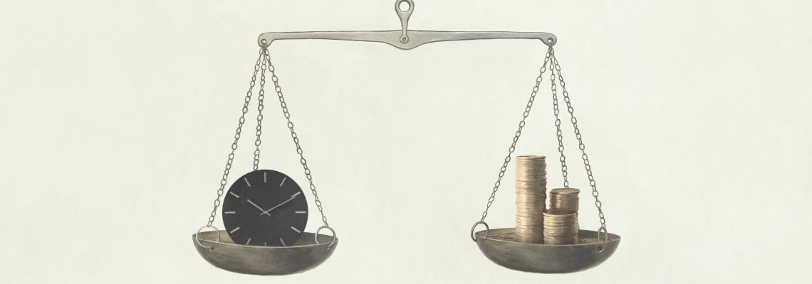 Scale with clock and coins on two sides