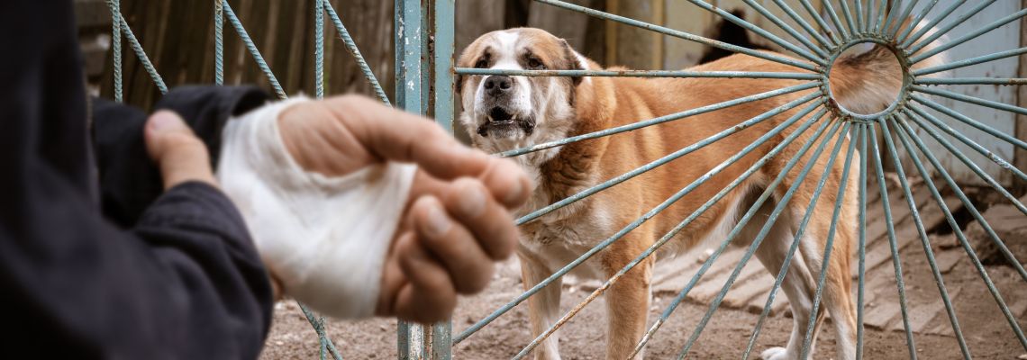 Bandaged hand with dog in frame suggesting dog bite