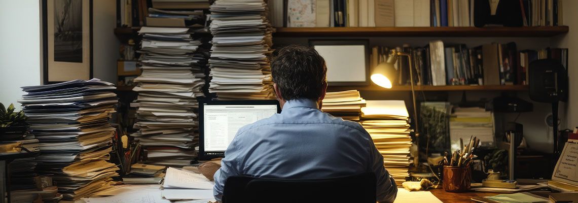 Man working late night with heaps of file besides him
