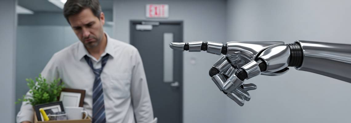 Robot points to exit to a man with personal belongings at work