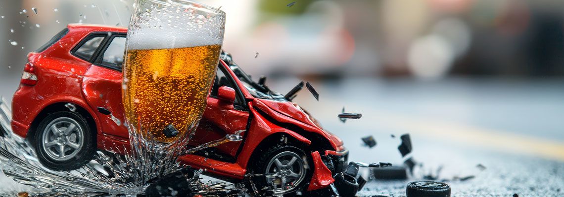 Close up of car model and beer glass colliding on road