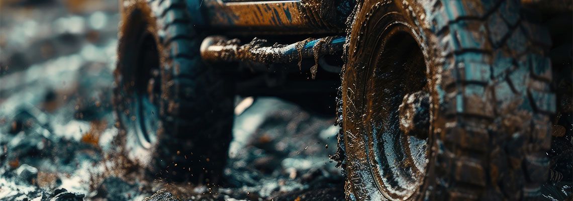 CloseUp of OffRoad Vehicle Driving Through Muddy Trail