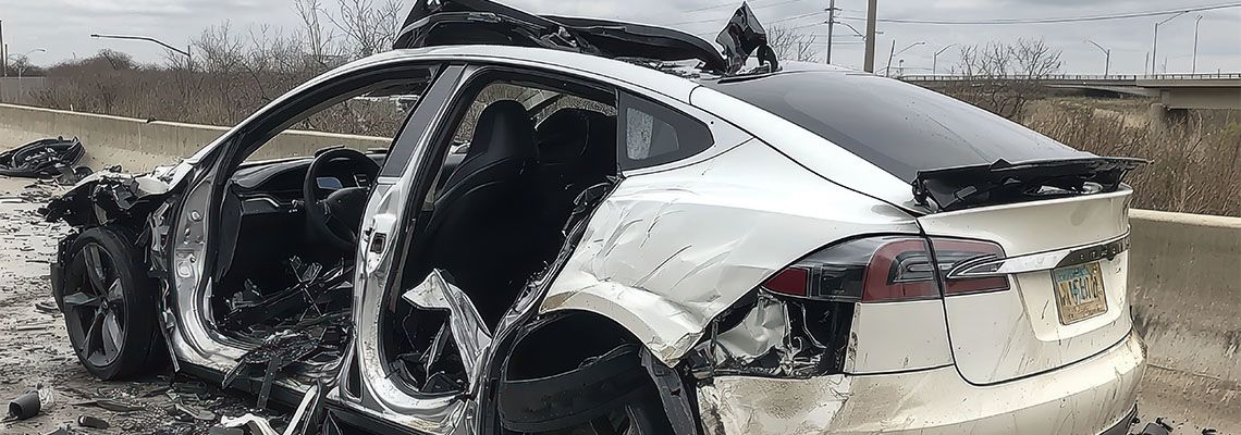 Damaged electric autonomous vehicle on road after accident