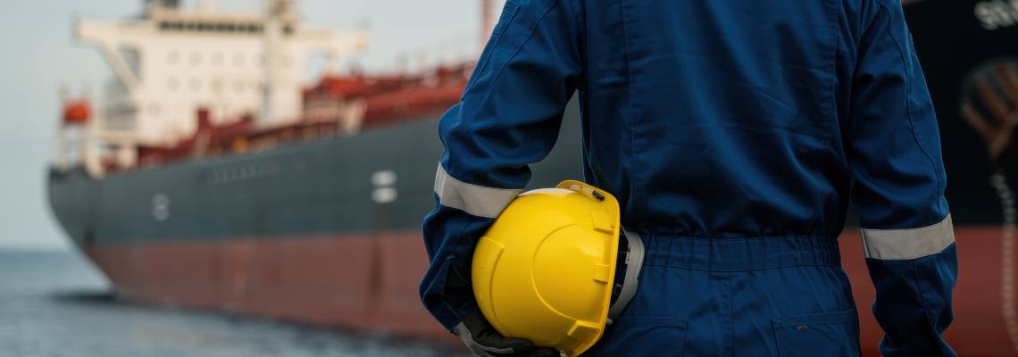 Worker holding yellow helmet near cargo ship in port harbor