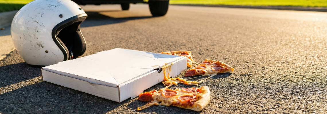 Motorcycle helmet and spilled pizza box on asphalt road