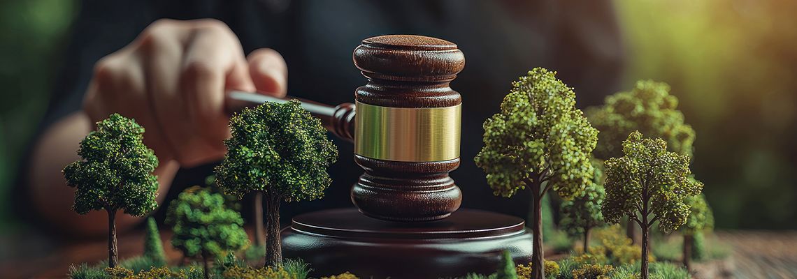 Hand holding gavel in miniature forest model