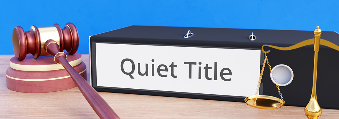 Quiet Title – Folder with labeling, gavel and libra – law, judgement, lawyer