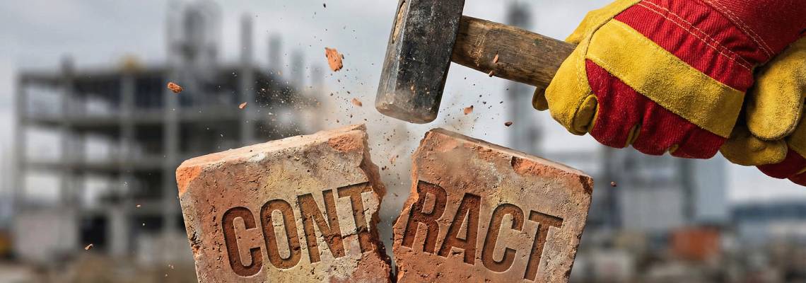 Gloved hand with hammer breaking a contract brick on a construction site