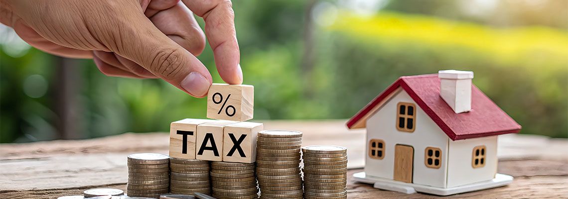 Tax word on wooden block on top of coin stack with house model