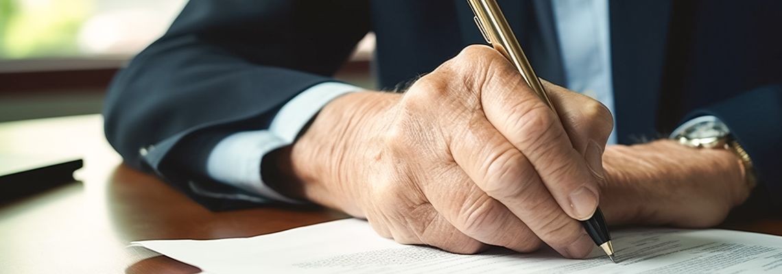 Old man reviews and signs testament document