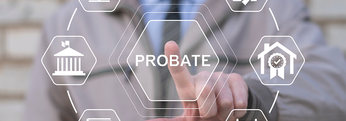 Man working on virtual touch screen presses word: PROBATE