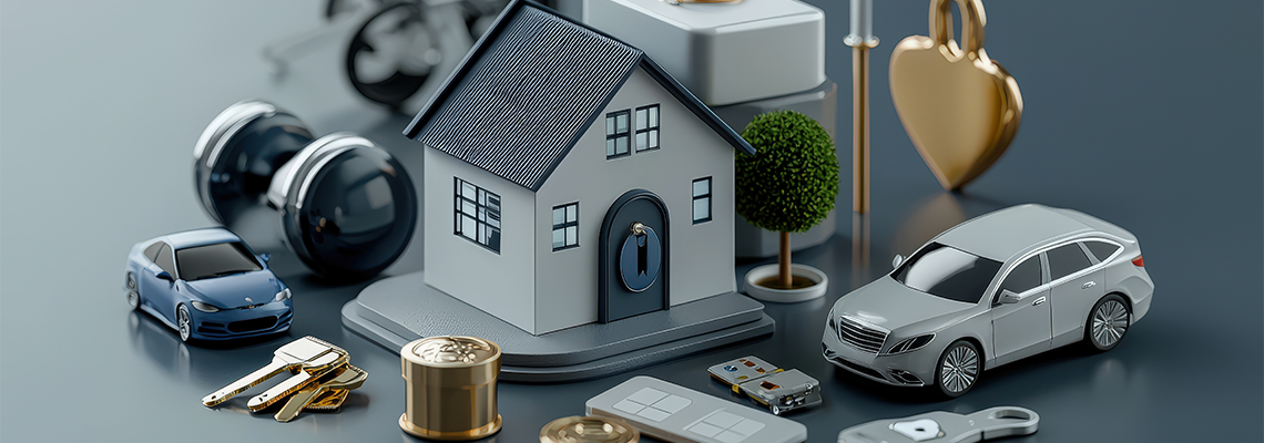An illustration of various valuable assets including a miniature house, cars, gold