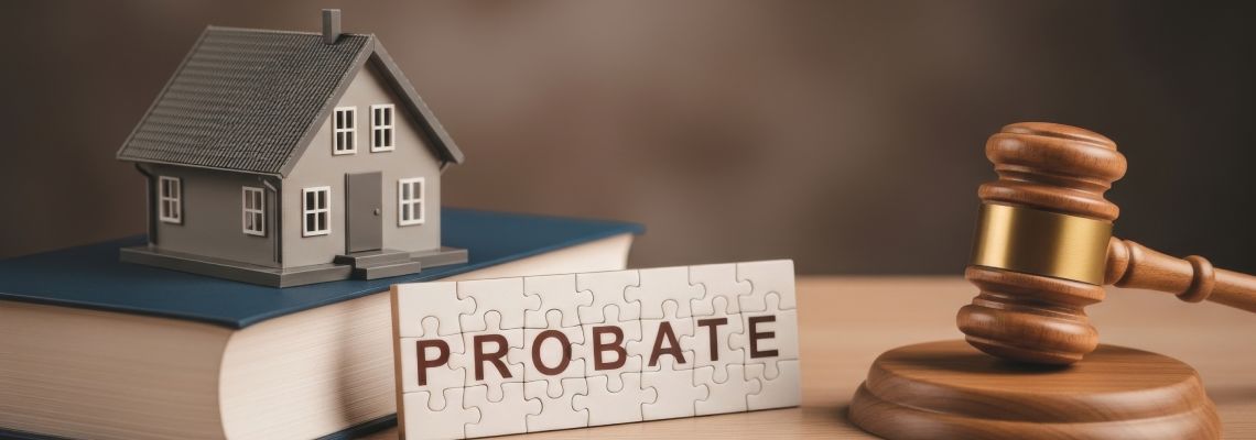 Probate word with house model and gavel