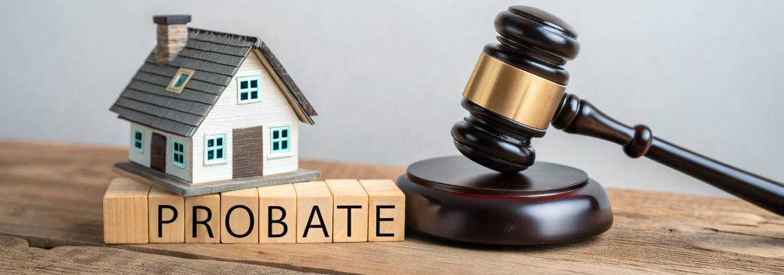 Miniature house and gavel on wooden blocks spelling 'PROBATE'