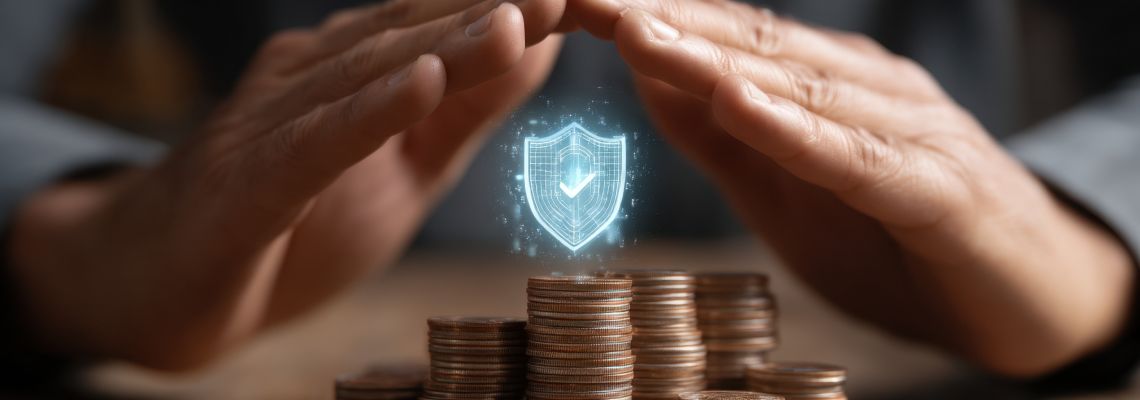 Hand symbolizing protection over stack of coins