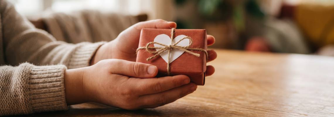 Hands hold a small wrapped brown gift box with a heart