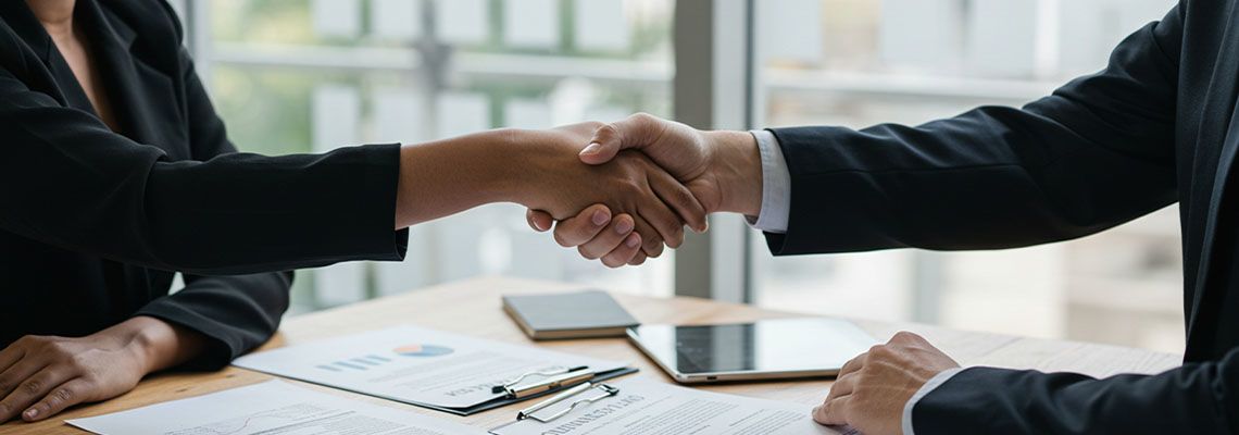 Businessman and women shaking hands after agreement
