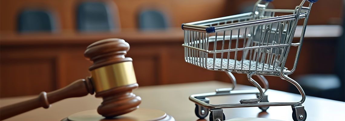Gavel and small shopping cart representing consumer right