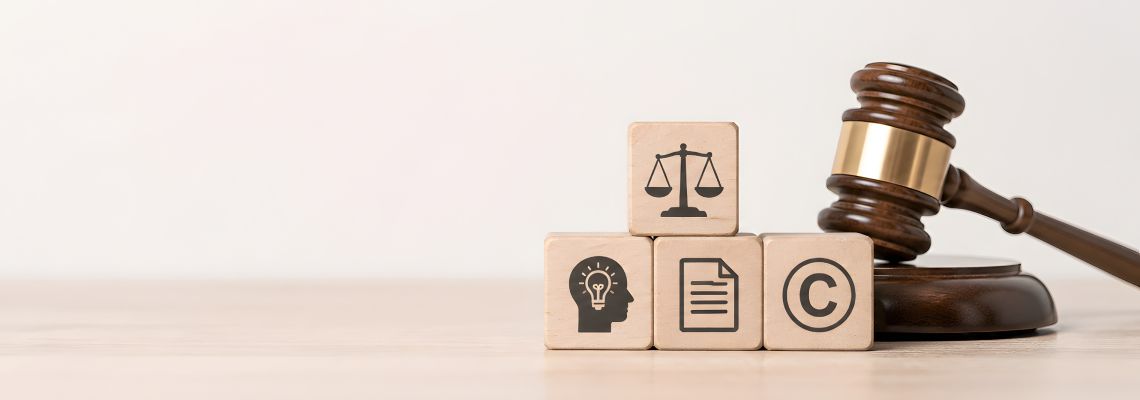 IP law and related icons in wooden block with gavel