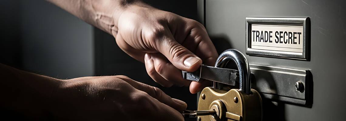 Hands unlocking a brass padlock on a filing cabinet labeled trade secret