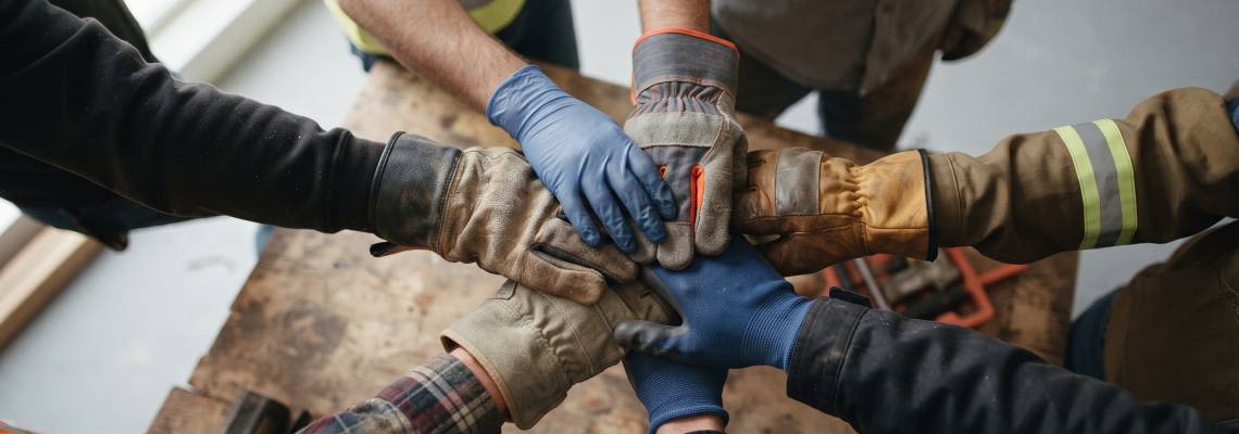 Workers Union stacking hands in unity