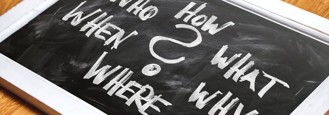 chalkboard with who what where when why and how